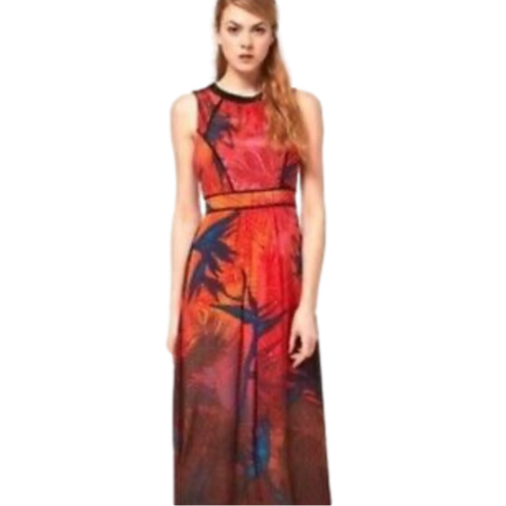 Spotlight by warehouse silk red maxi dress  palm print 100% silk UK12